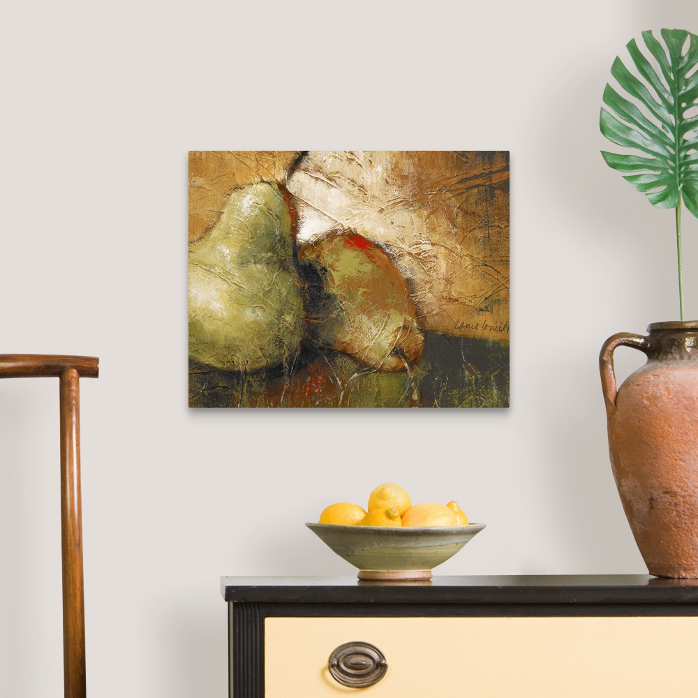 A traditional room featuring Painting of fruit sitting on a table.  The image is textured with visible paint strokes.
