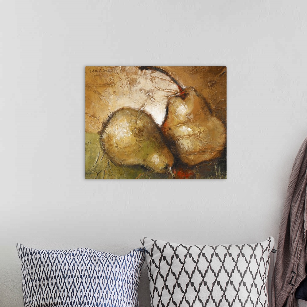 A bohemian room featuring Decorative artwork perfect for the home or kitchen of two pears. The painting technique appears t...