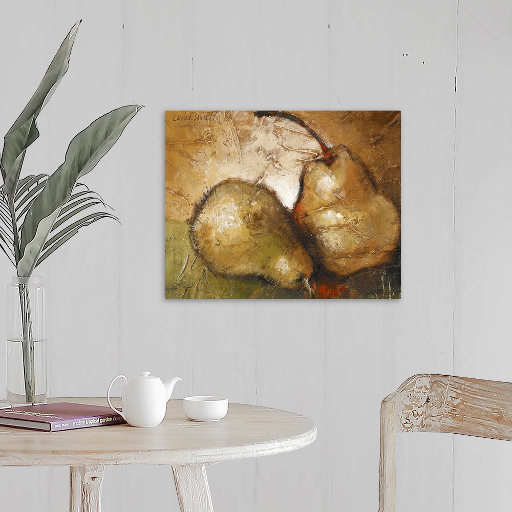 A farmhouse room featuring Decorative artwork perfect for the home or kitchen of two pears. The painting technique appears t...