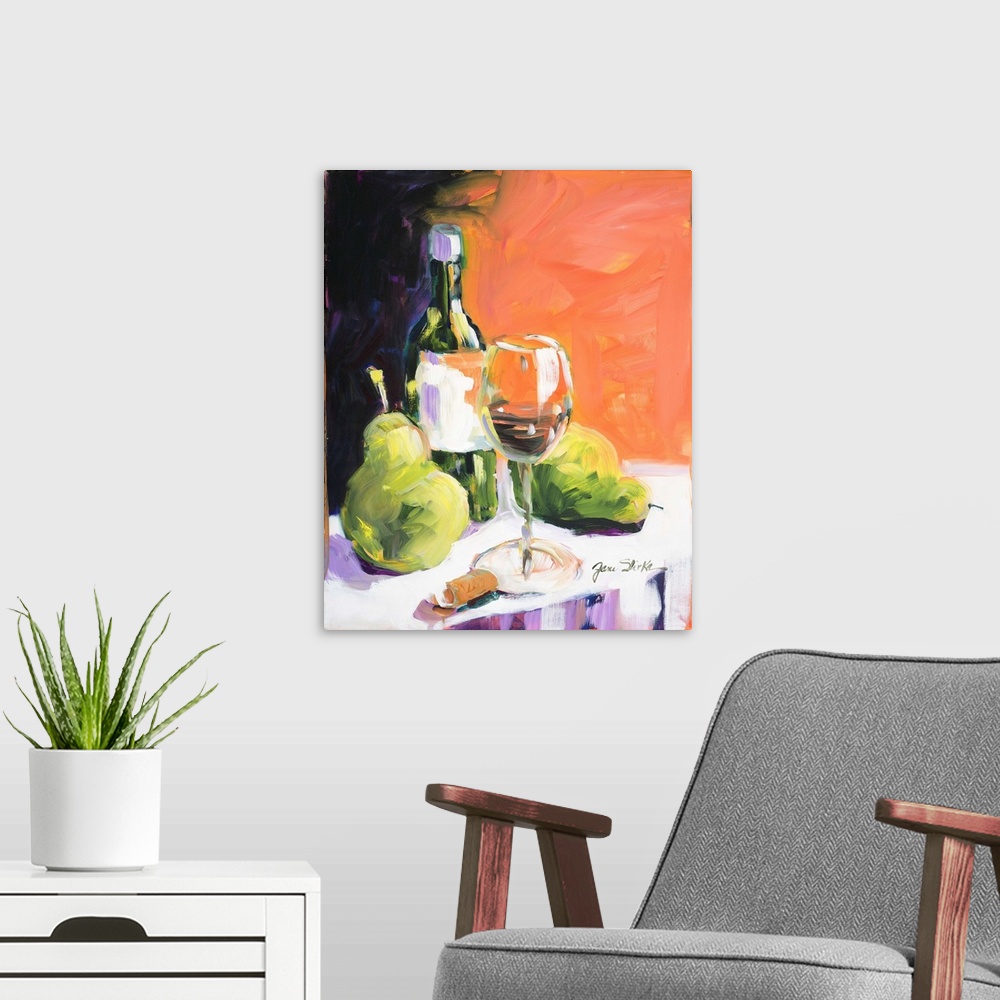 A modern room featuring Still life painting of a wine bottle and glass with two pears.