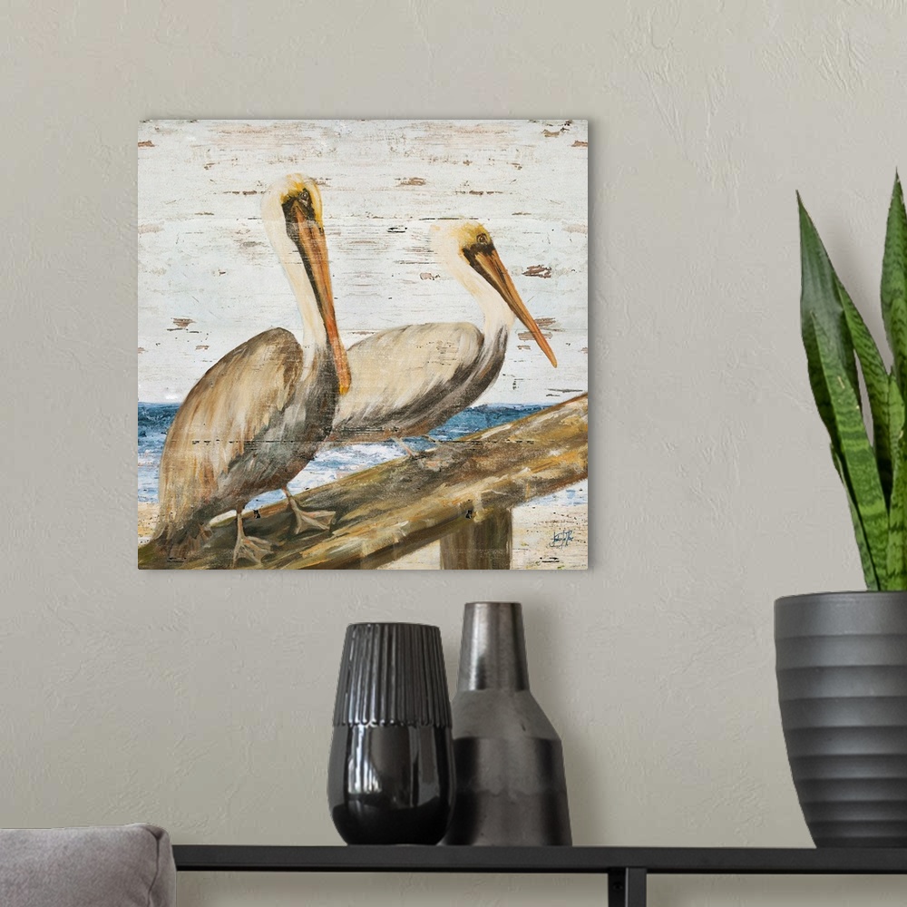 A modern room featuring This contemporary artwork features illustrated brush strokes of two pelicans with a distressed te...