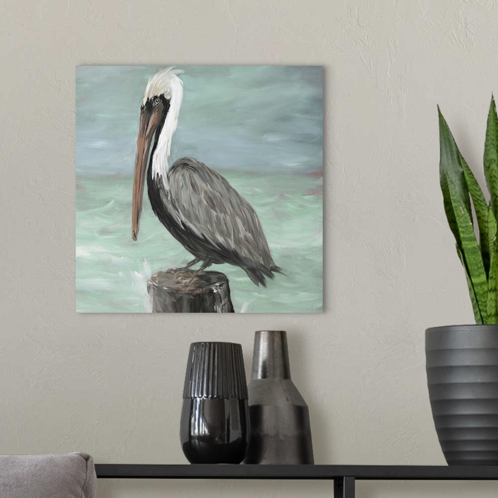 A modern room featuring A contemporary painting of a pelican perched on a wooden stump with the ocean waves crashing into...