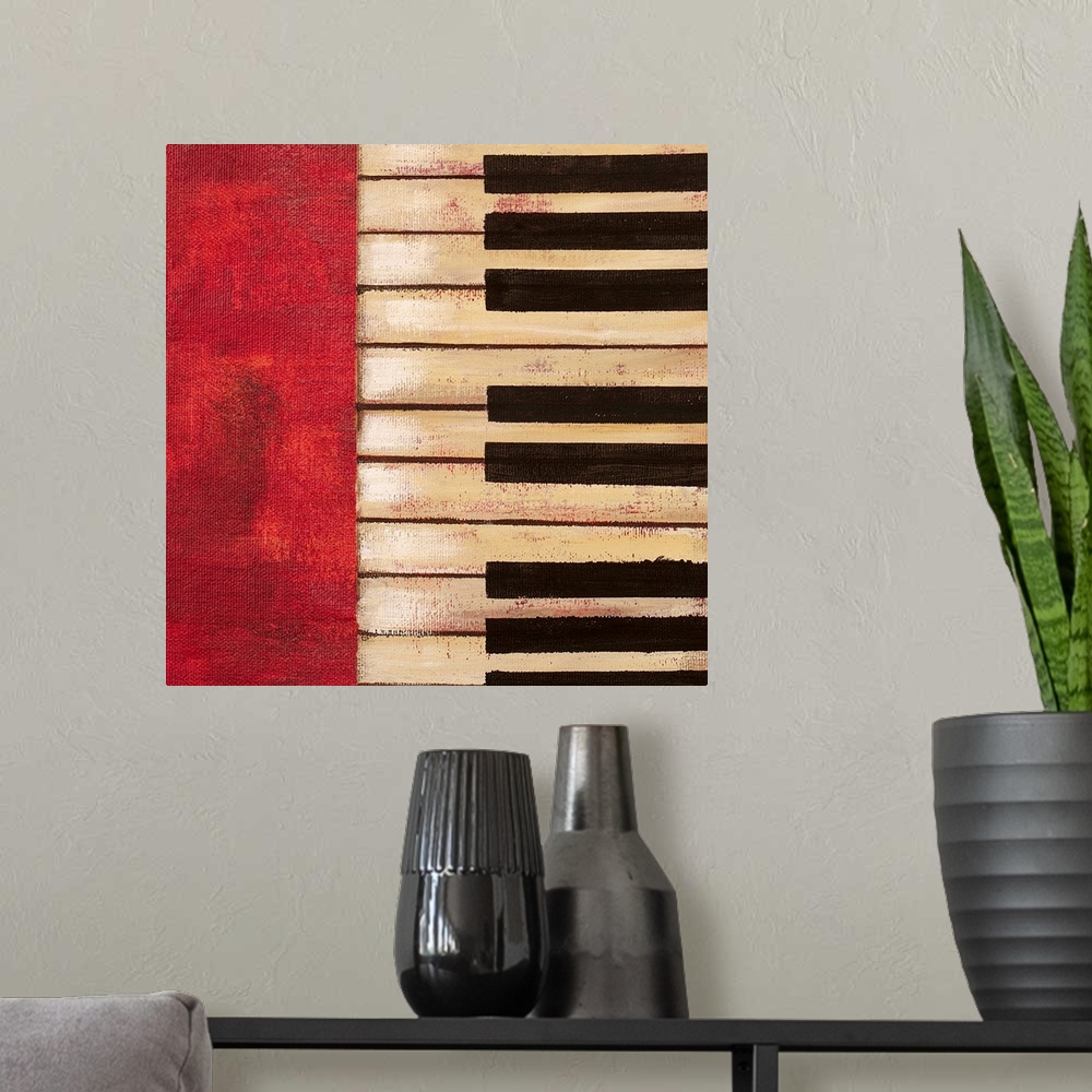 A modern room featuring Simplistic painting of an ivory keyboard on a red textured background, shown sideways in a square.