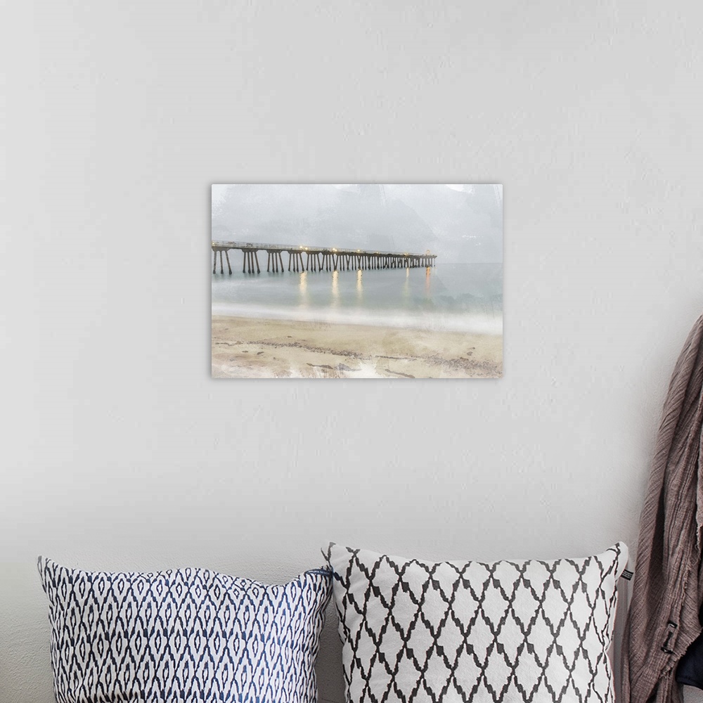 A bohemian room featuring An abstract of a pier and the shore with muted colors.