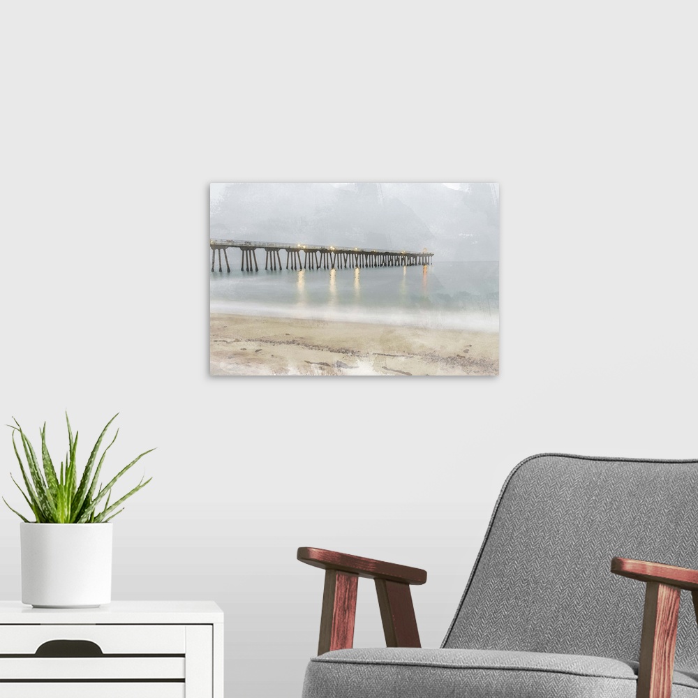 A modern room featuring An abstract of a pier and the shore with muted colors.