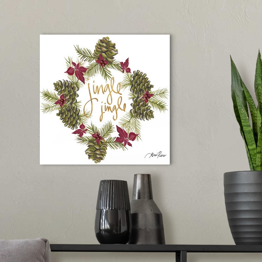 A modern room featuring Golden lettering in the center of a wreath made of pinecones and poinsettias.