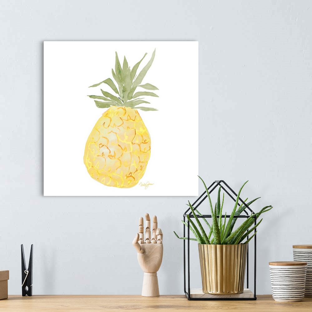 A bohemian room featuring Square watercolor painting of a pineapple with golden highlights.