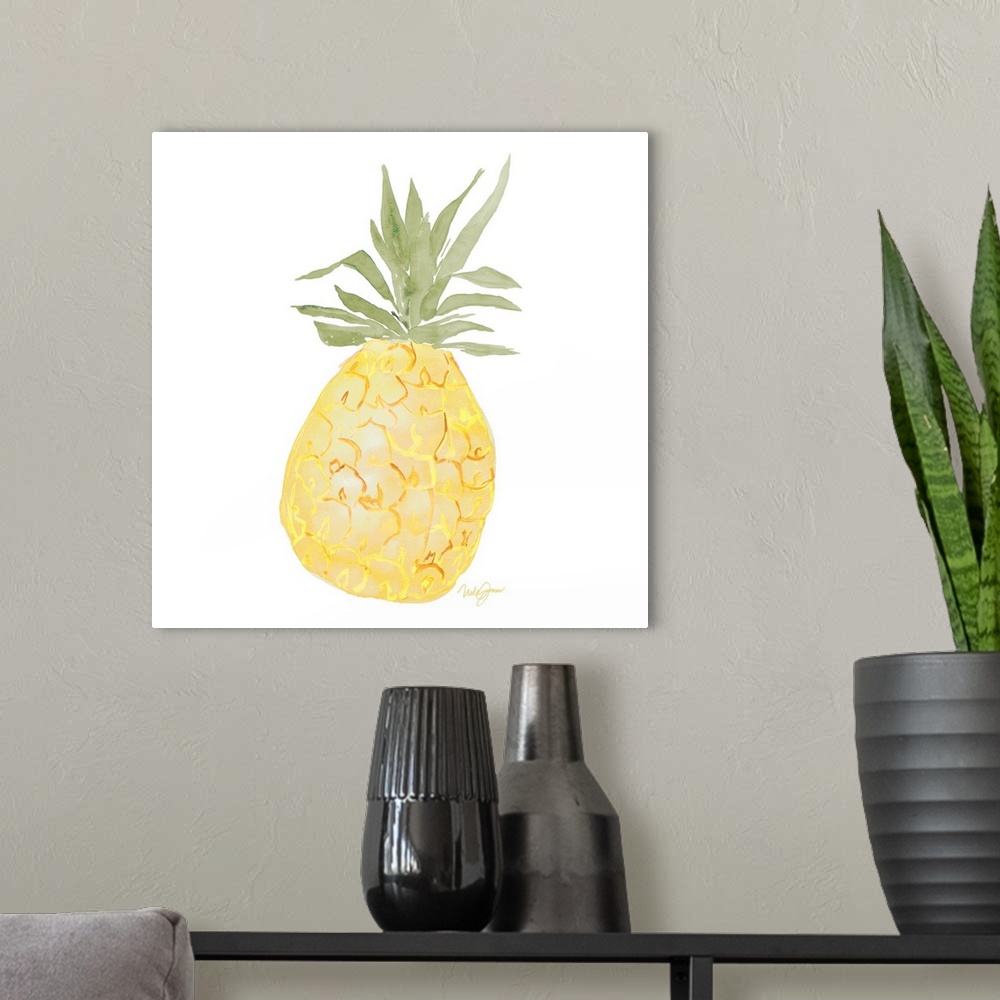 A modern room featuring Square watercolor painting of a pineapple with golden highlights.