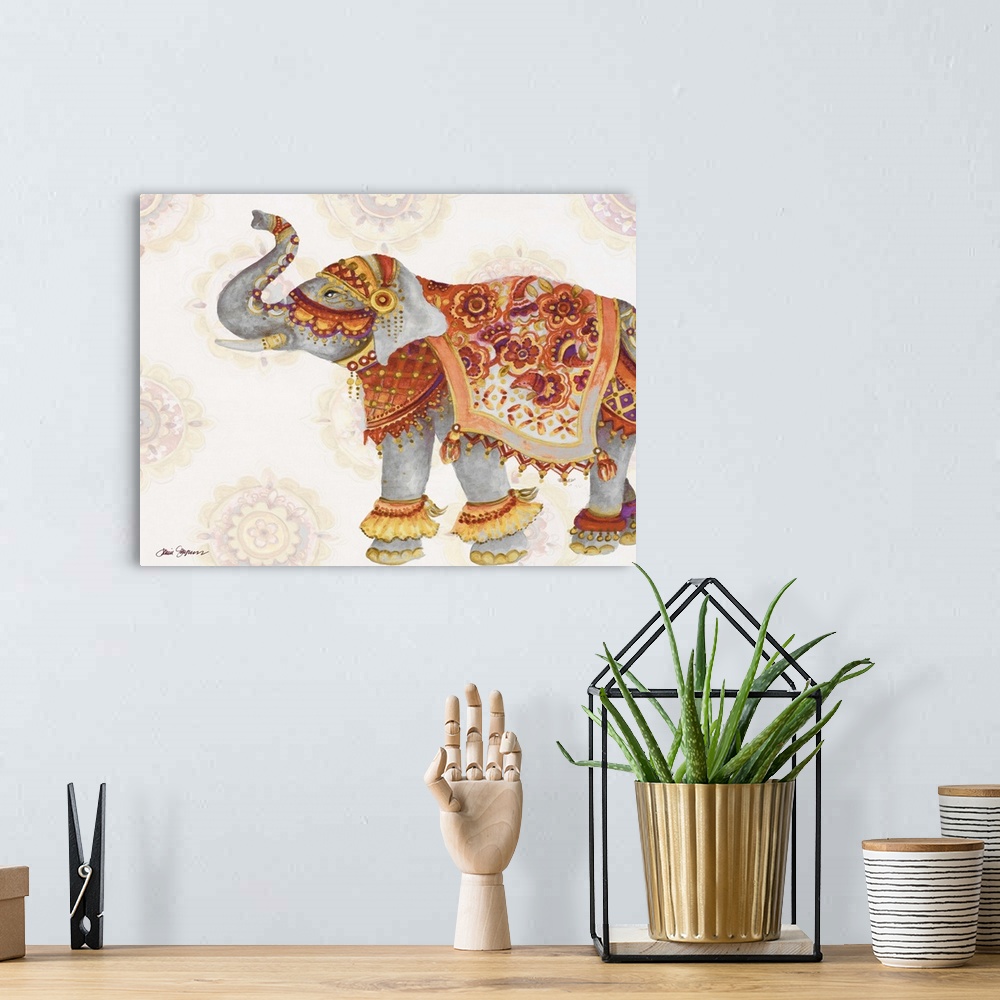 A bohemian room featuring Illustration of an elephant with its trunk raised, wearing colorful decorative fabrics.