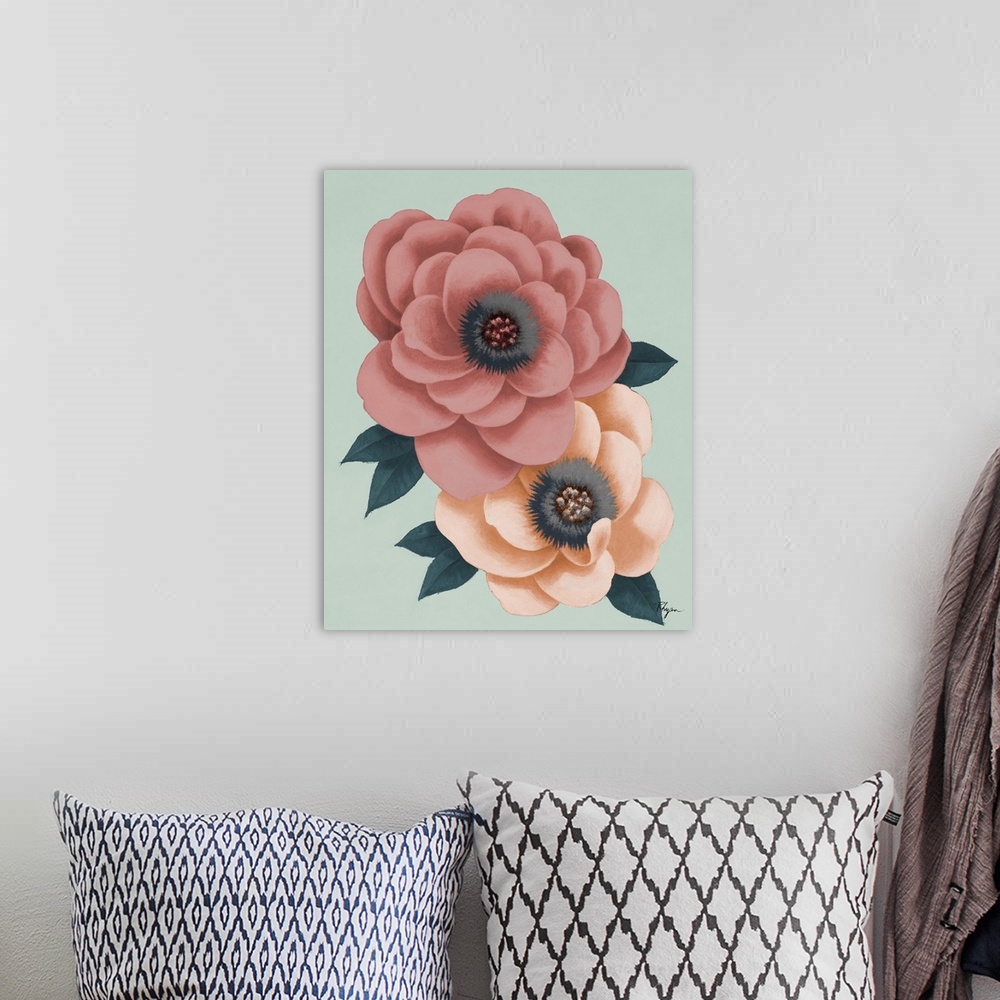 A bohemian room featuring Contemporary painting of one dark and one li
Tags:ght pink flower on a mint green background.