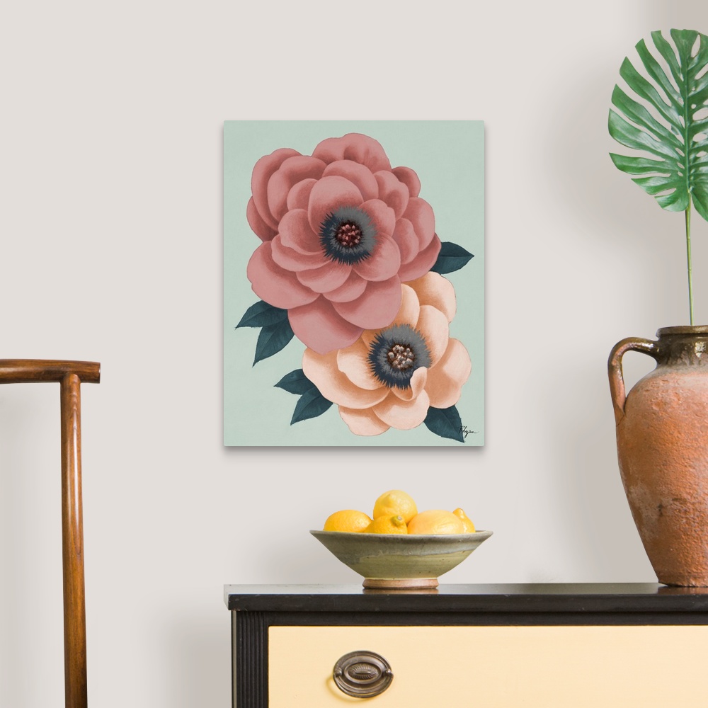 A traditional room featuring Contemporary painting of one dark and one li
Tags:ght pink flower on a mint green background.