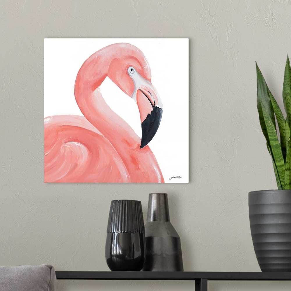 A modern room featuring A contemporary close-up painting of a pink flamingo on a white background.