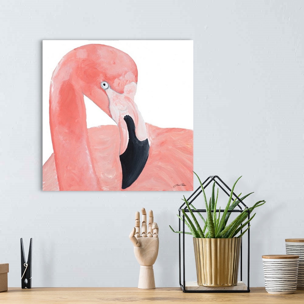 A bohemian room featuring A contemporary close-up painting of a pink flamingo on a white background.