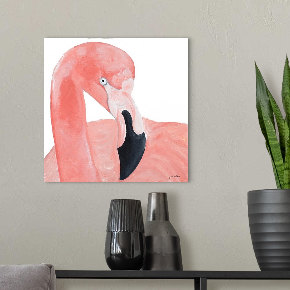 A modern room featuring A contemporary close-up painting of a pink flamingo on a white background.