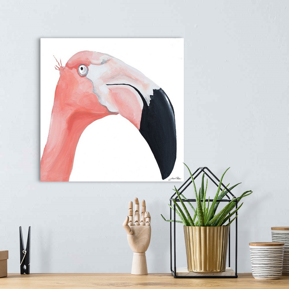 A bohemian room featuring A contemporary close-up painting of a pink flamingo on a white background.