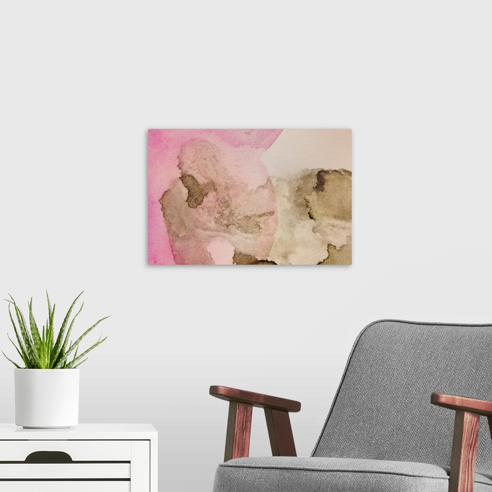 A modern room featuring Pink and brown abstract watercolor painting.
