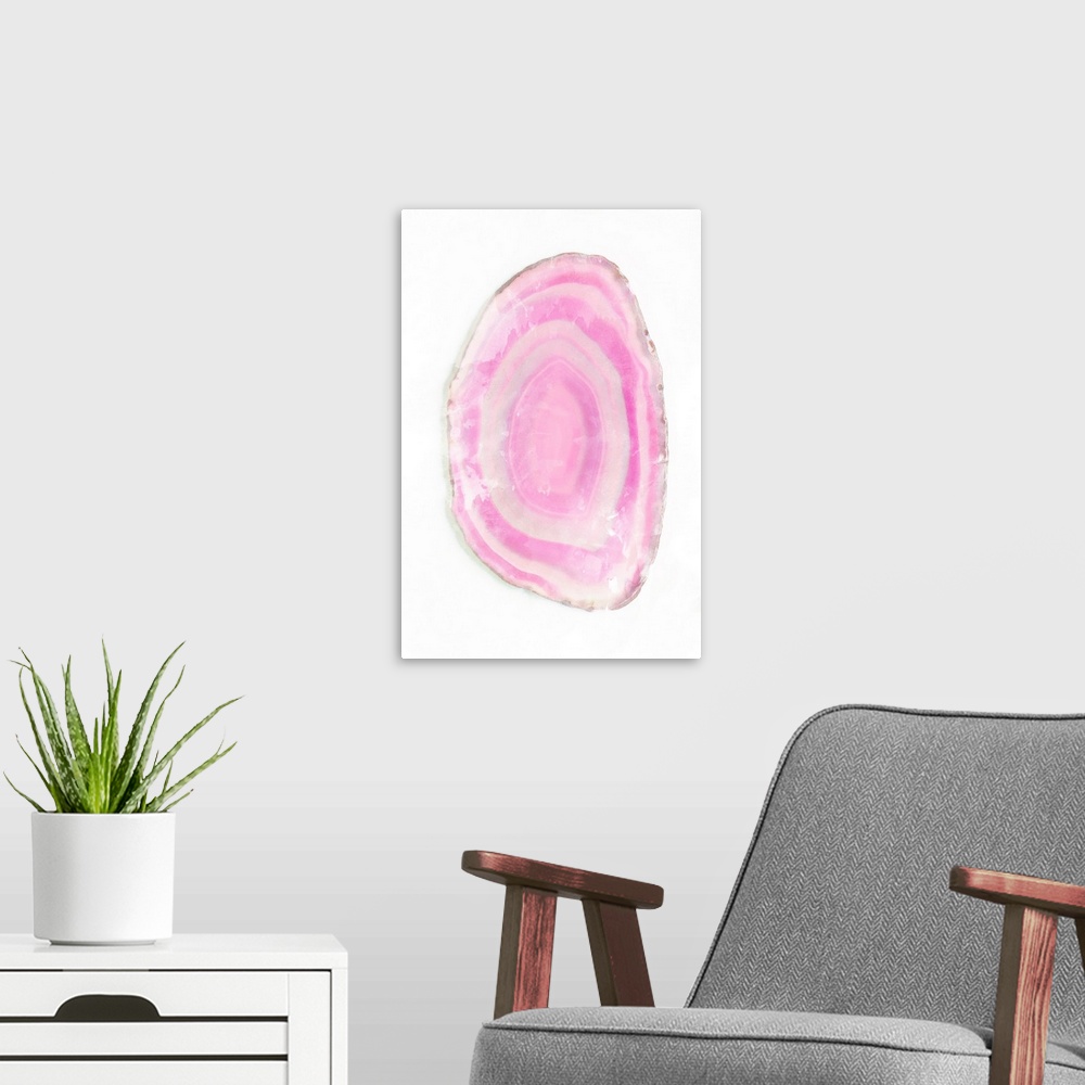 A modern room featuring Watercolor painting of a pink polished agate stone.