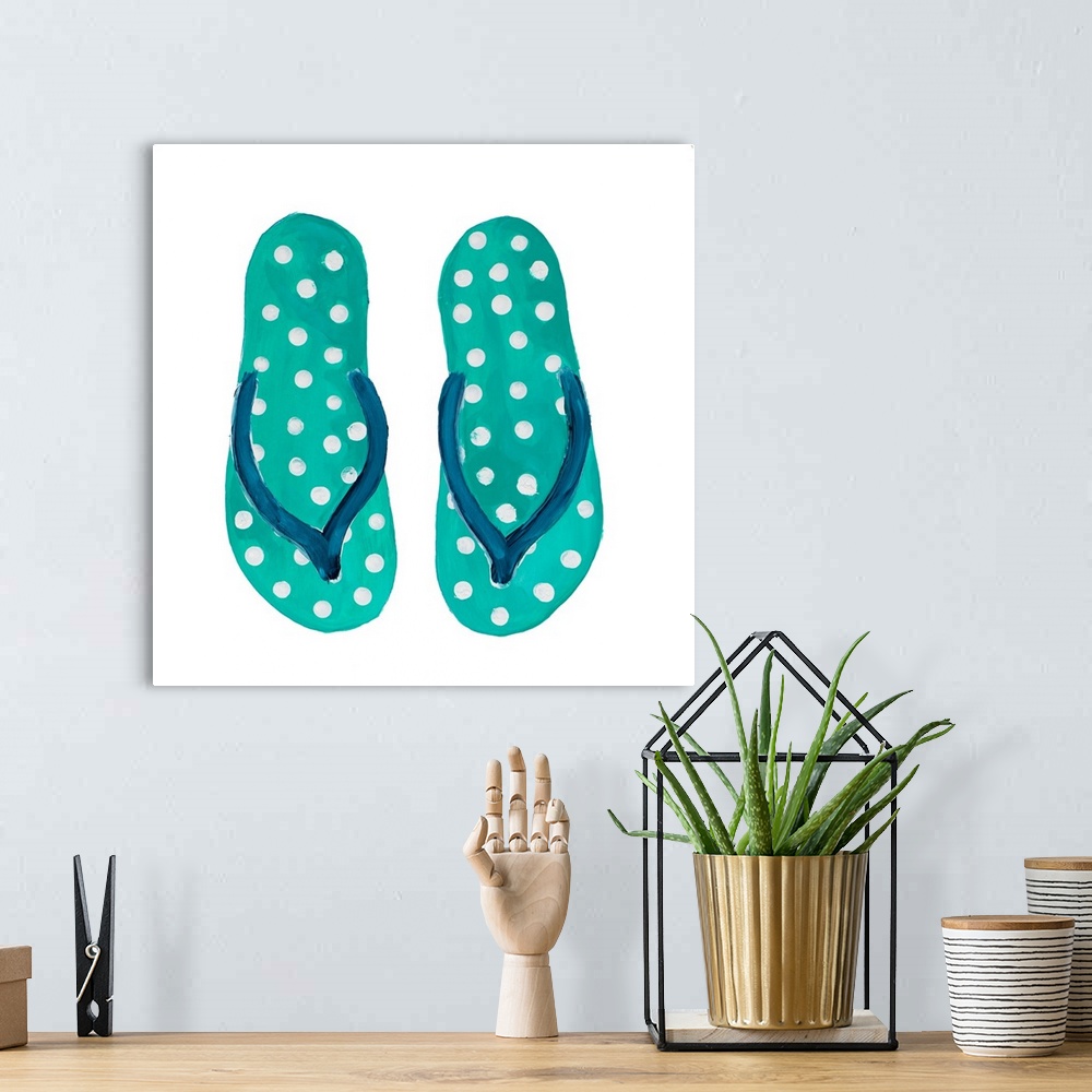 A bohemian room featuring Square painting of teal and blue flip flops with white polka dots.