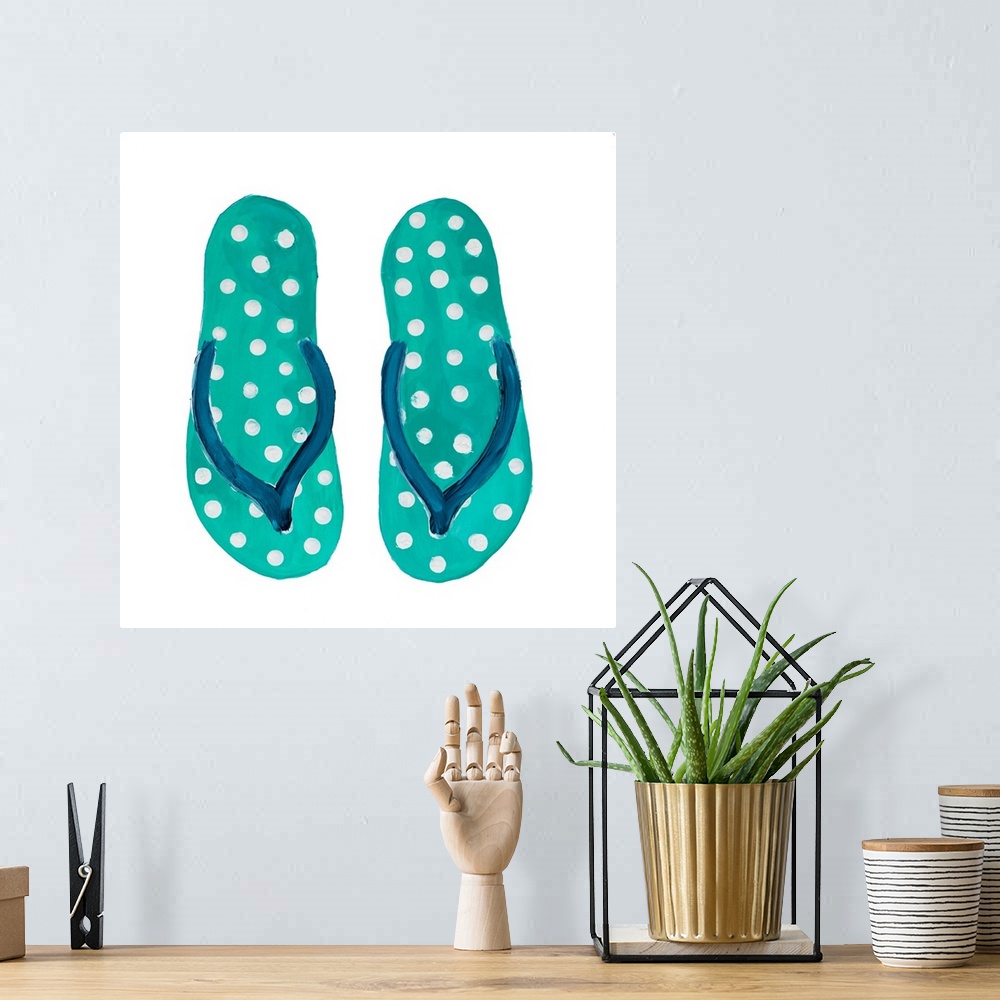 A bohemian room featuring Square painting of teal and blue flip flops with white polka dots.
