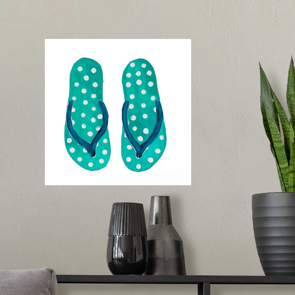 A modern room featuring Square painting of teal and blue flip flops with white polka dots.