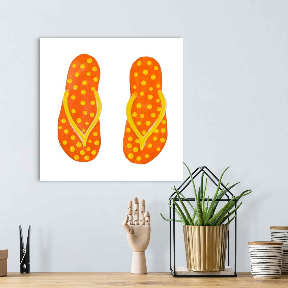 A bohemian room featuring Square painting of orange flip flops with yellow polka dots.
