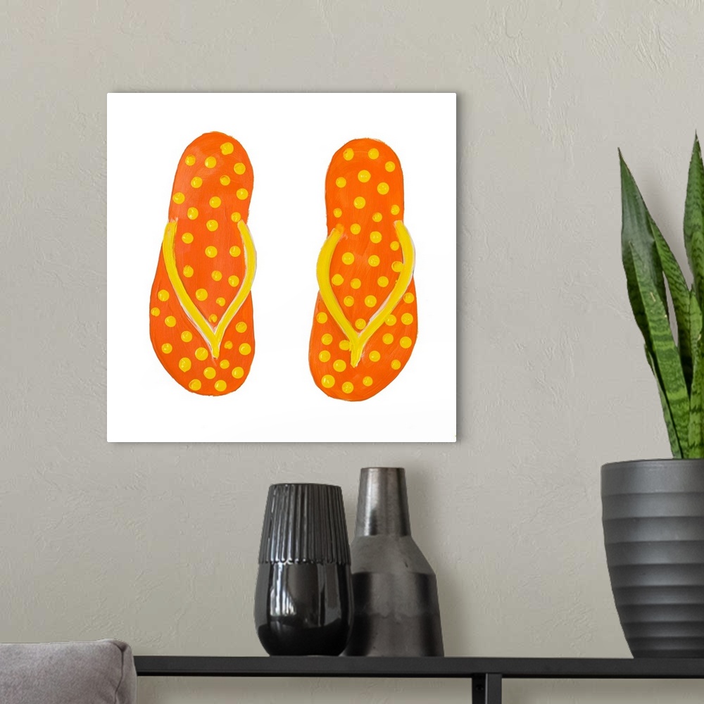 A modern room featuring Square painting of orange flip flops with yellow polka dots.