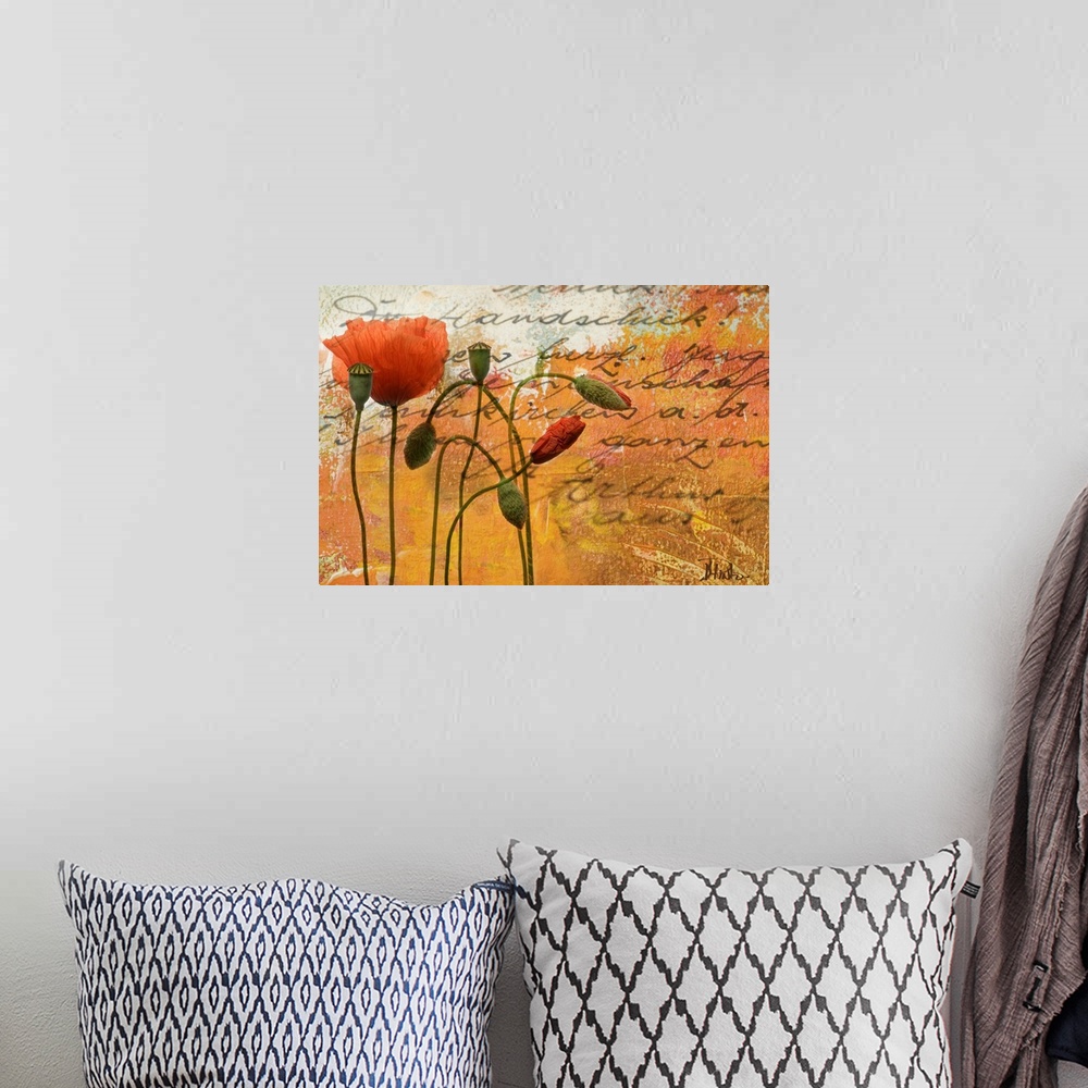 A bohemian room featuring Digital mixed media artwork with text overlaying painting of flowers.