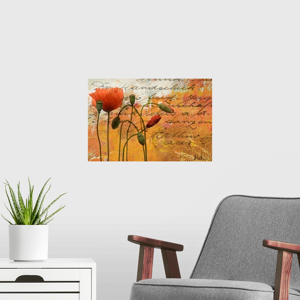 A modern room featuring Digital mixed media artwork with text overlaying painting of flowers.
