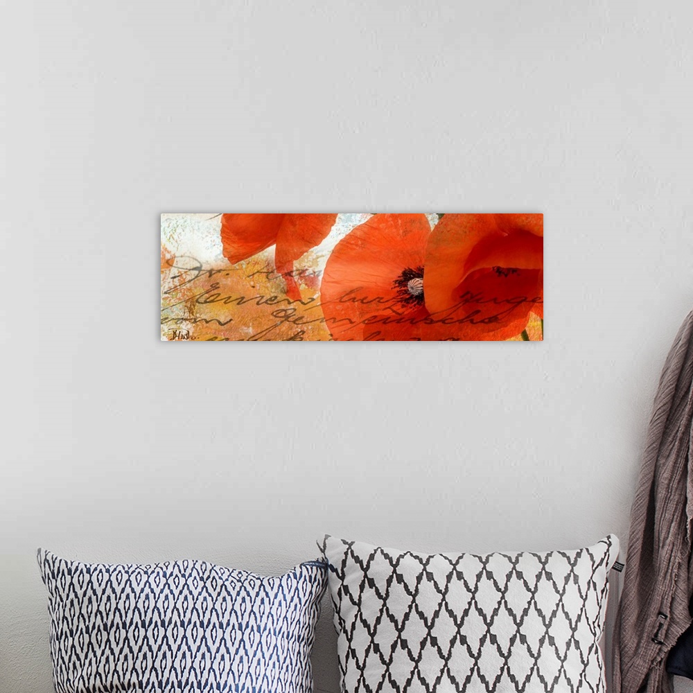 A bohemian room featuring Panoramic contemporary art has an arrangement of three poppy flowers against a distressed backgro...