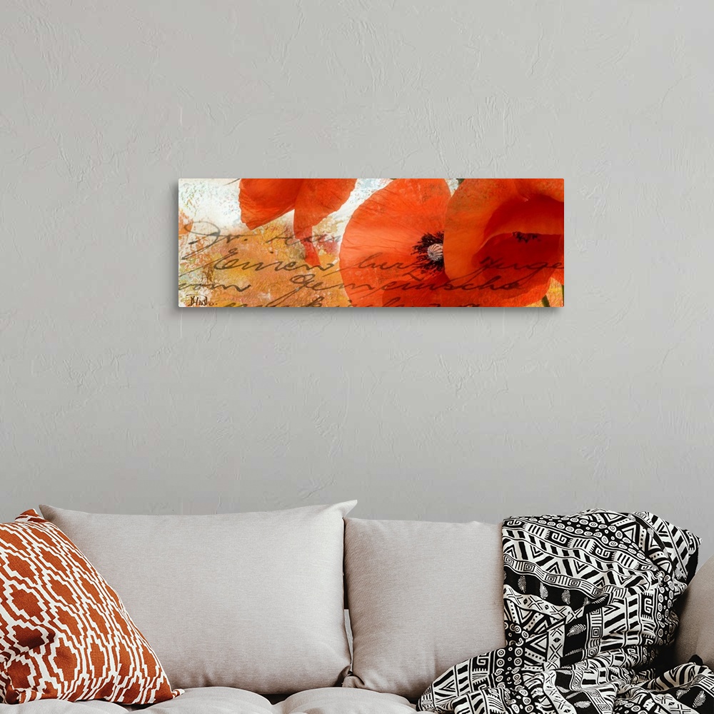 A bohemian room featuring Panoramic contemporary art has an arrangement of three poppy flowers against a distressed backgro...