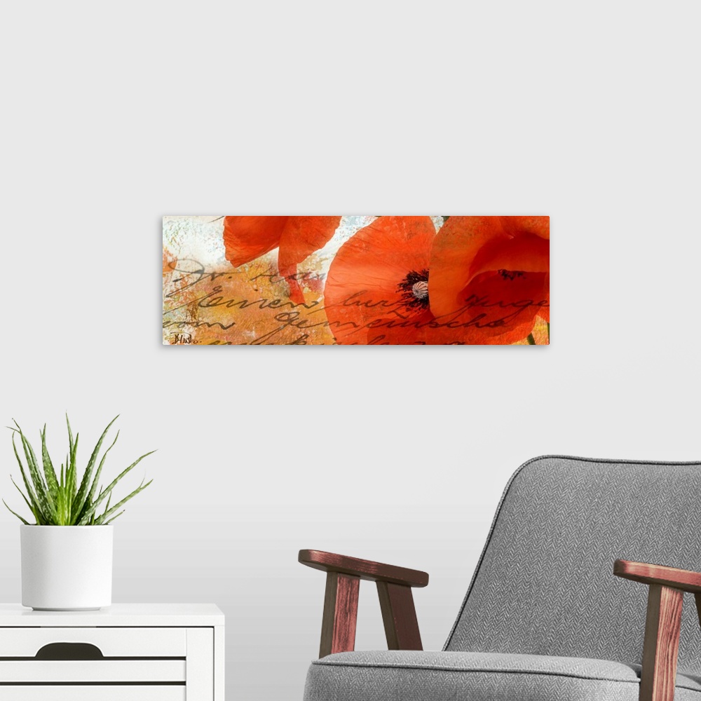 A modern room featuring Panoramic contemporary art has an arrangement of three poppy flowers against a distressed backgro...