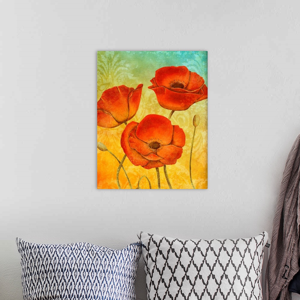 A bohemian room featuring Contemporary painting of three red poppies on a yellow and blue background.