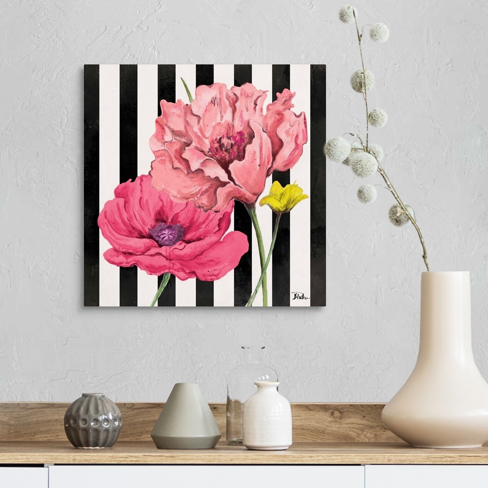 A farmhouse room featuring A square painting of pink poppy flowers on a black and white vertically striped background.