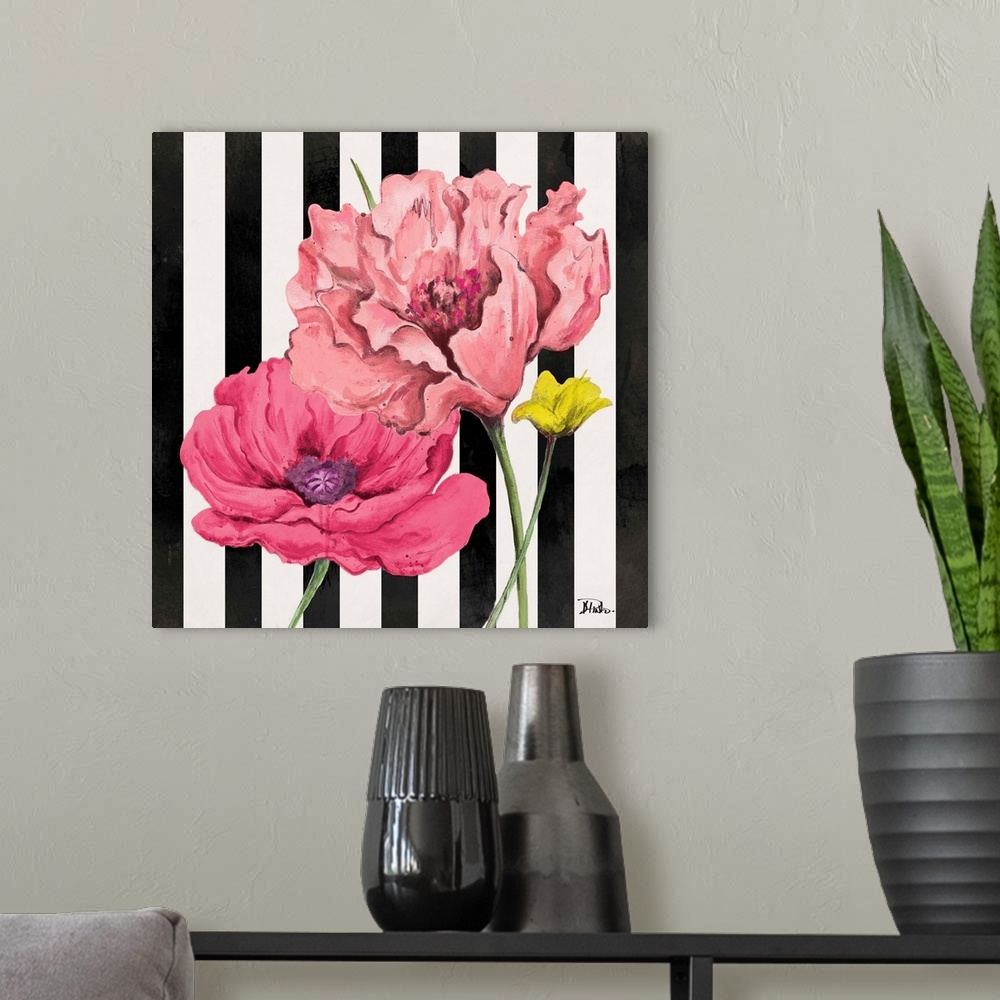 A modern room featuring A square painting of pink poppy flowers on a black and white vertically striped background.