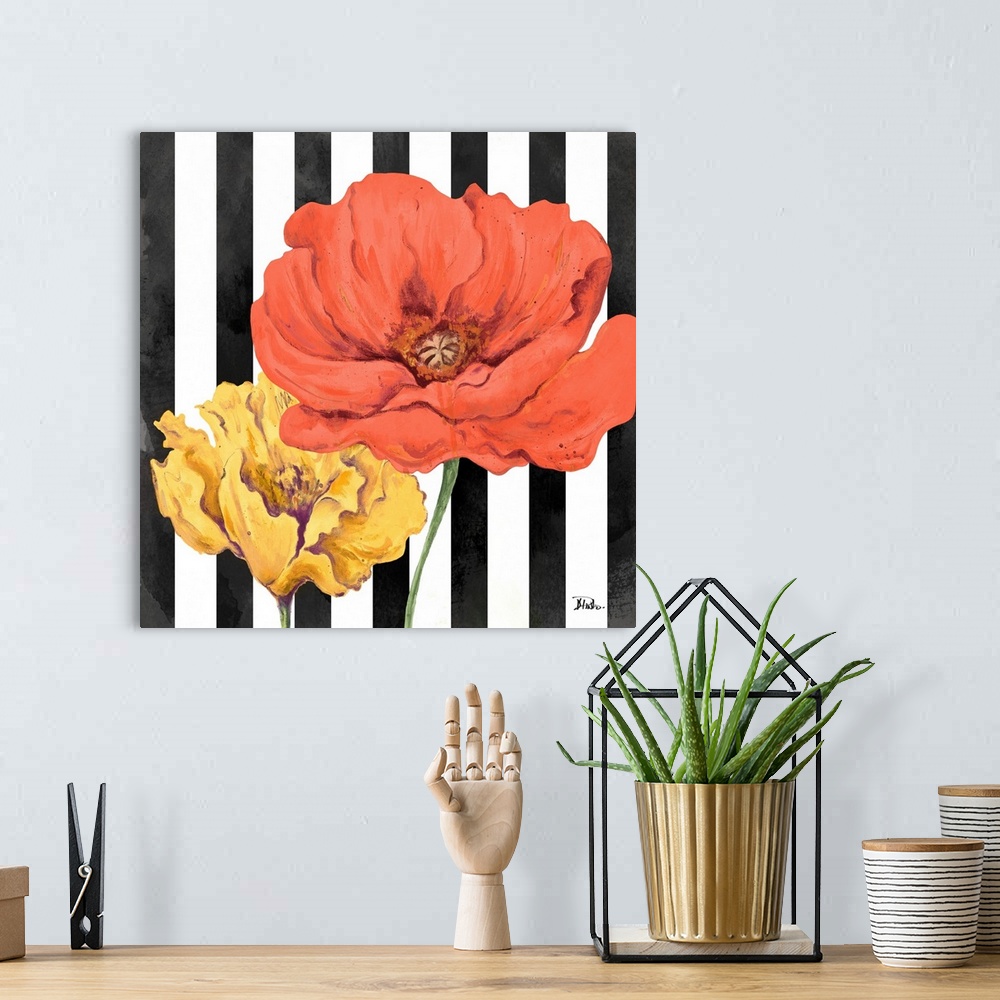 A bohemian room featuring A square painting of two poppy flowers on a black and white vertically striped background.