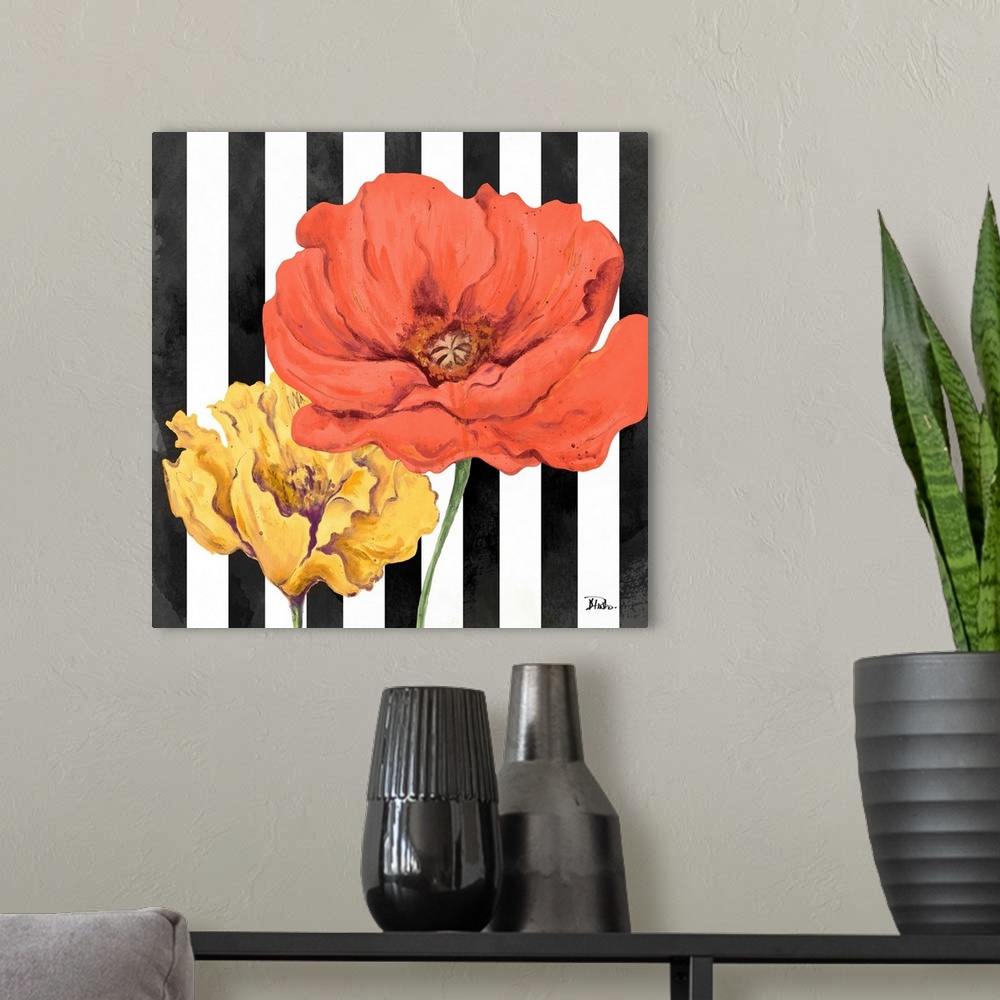 A modern room featuring A square painting of two poppy flowers on a black and white vertically striped background.