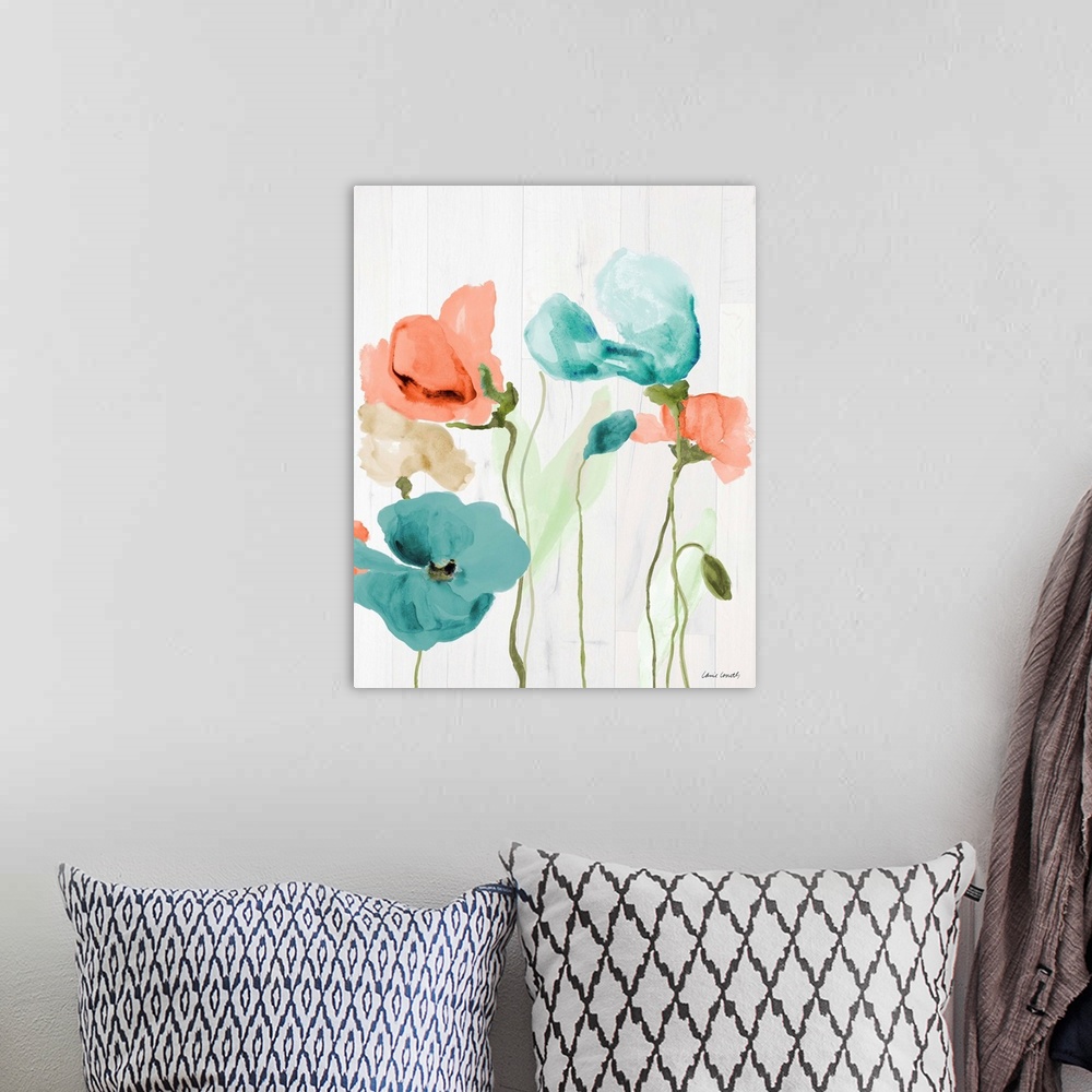 A bohemian room featuring Contemporary watercolor painting of blue and orange poppy flowers on a rustic white wood paneled ...