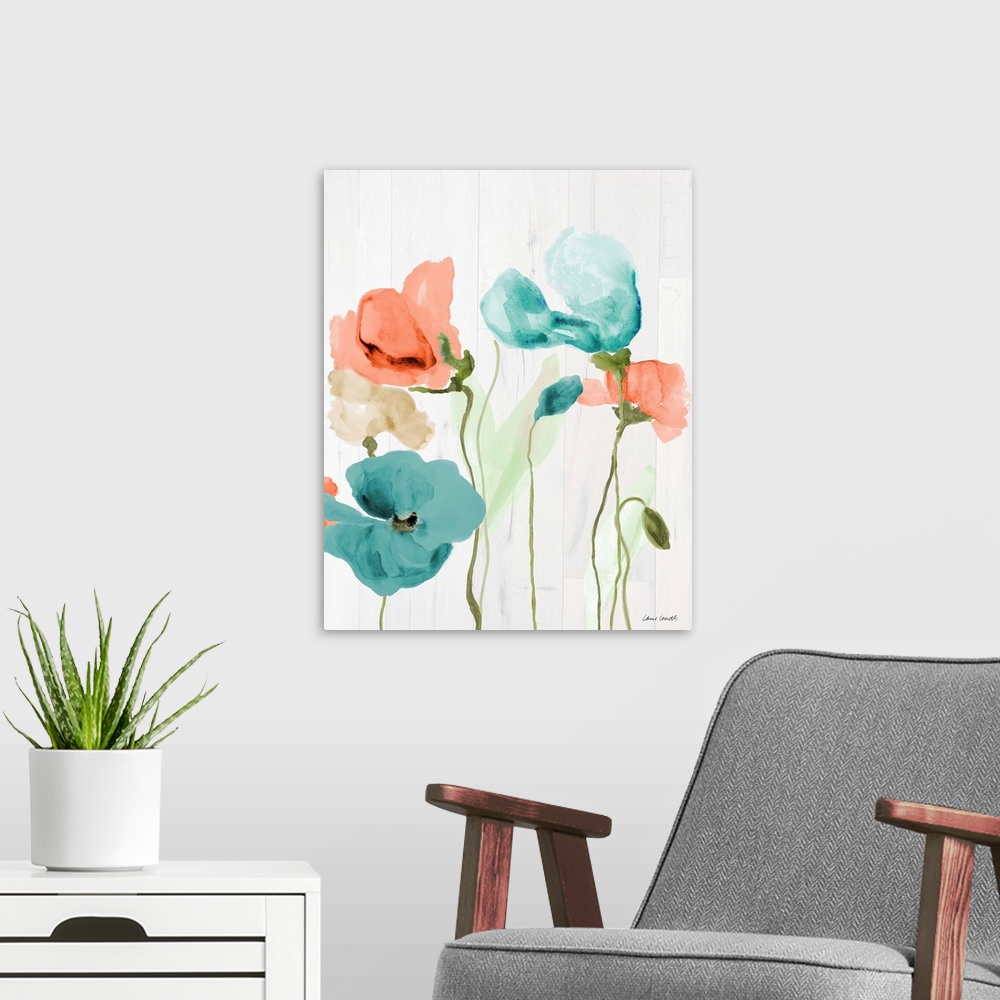 A modern room featuring Contemporary watercolor painting of blue and orange poppy flowers on a rustic white wood paneled ...
