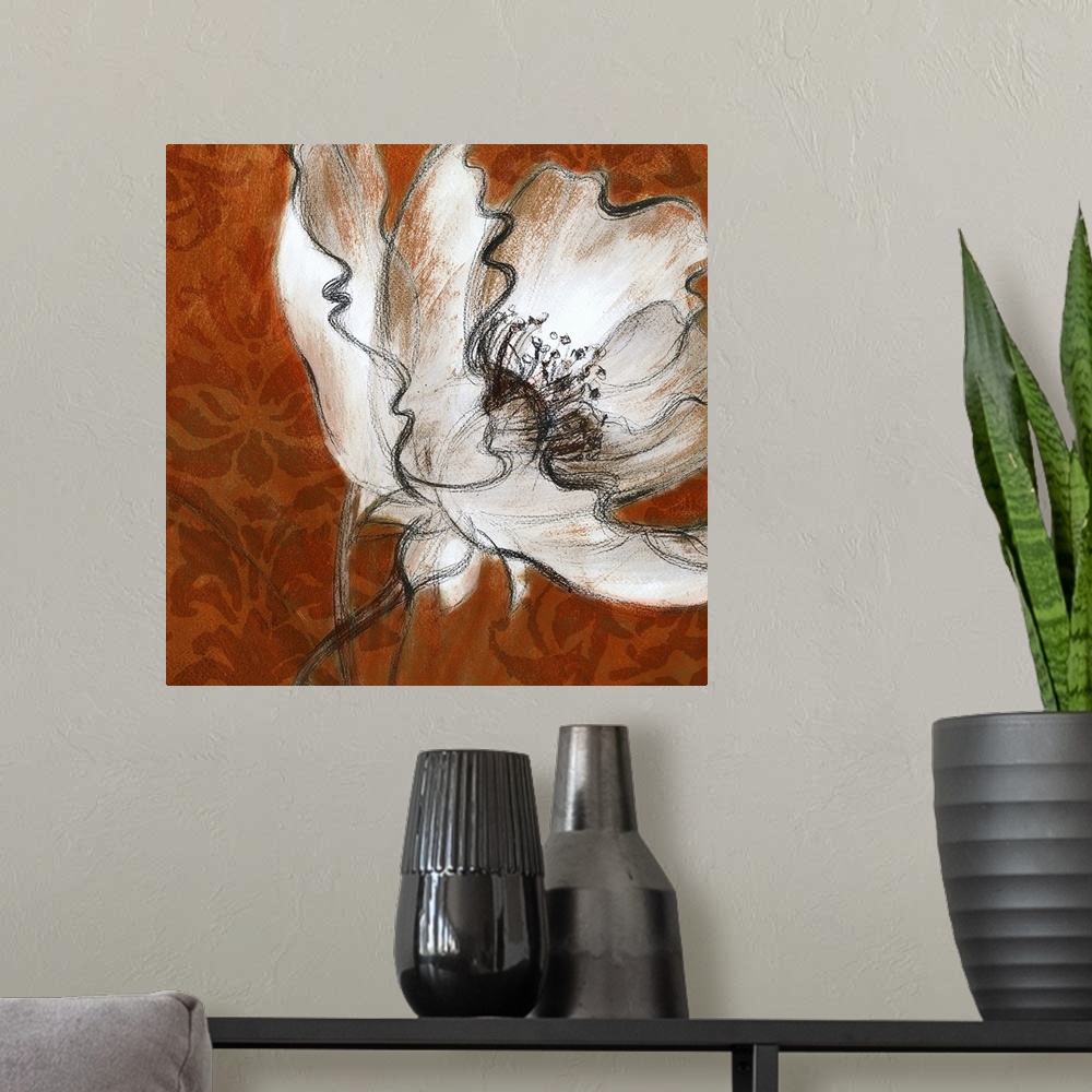 A modern room featuring Up-close painting of flower blossom with damask background.