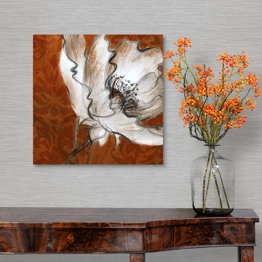 A traditional room featuring Up-close painting of flower blossom with damask background.