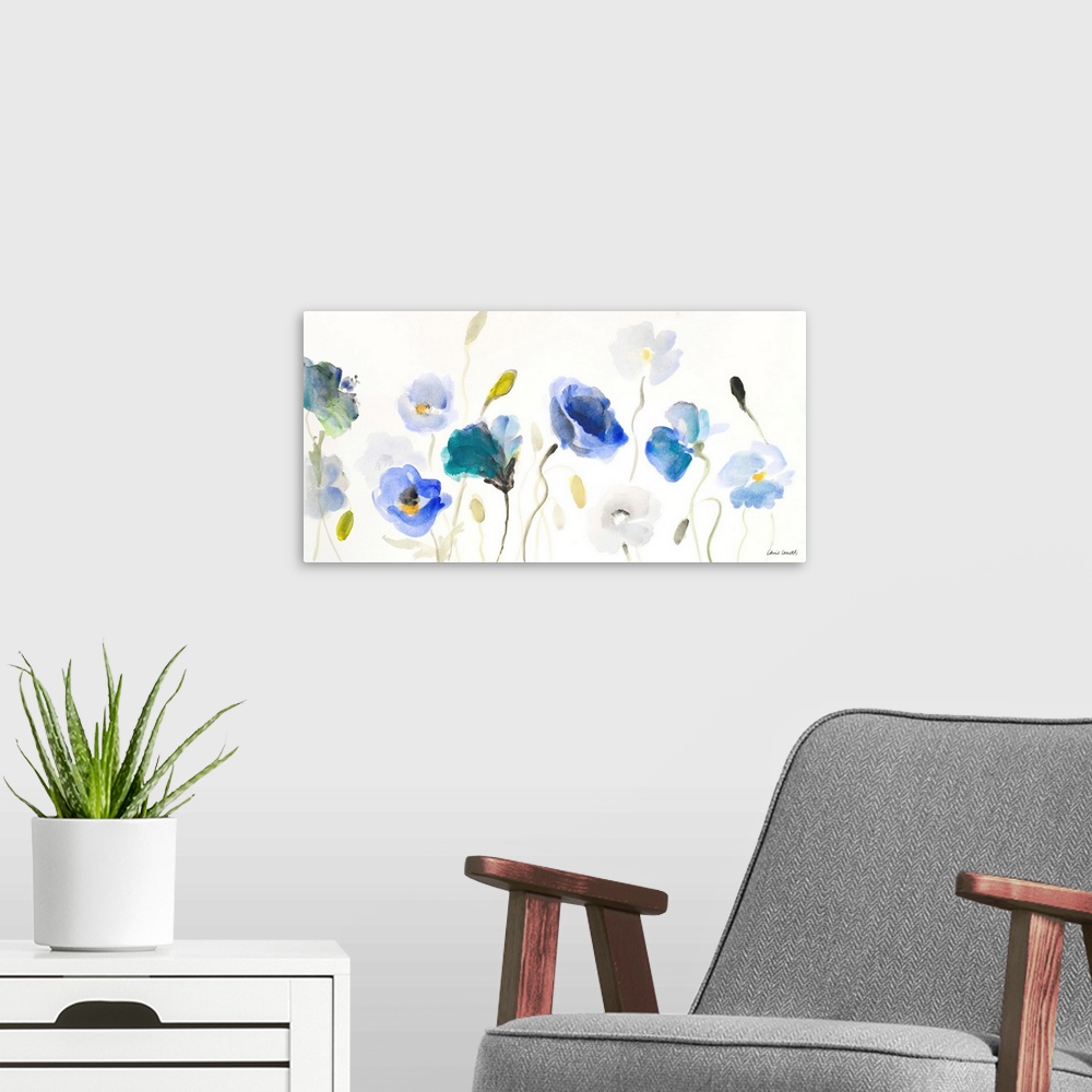 A modern room featuring A floral watercolor painting with flowers in different shades of blue.