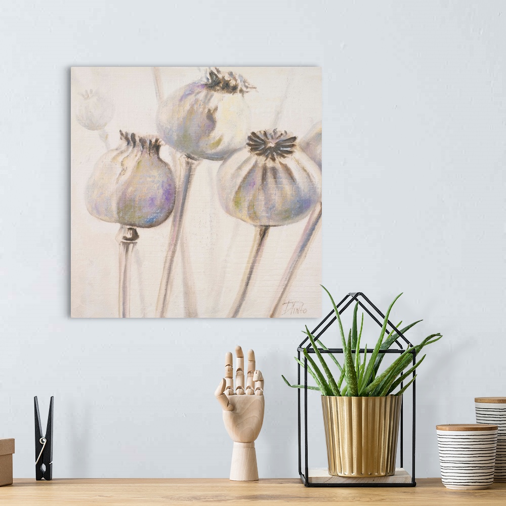 A bohemian room featuring A soft and delicate contemporary painting of poppy buds before the bloom.