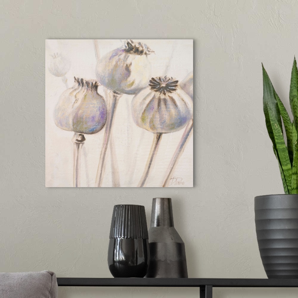 A modern room featuring A soft and delicate contemporary painting of poppy buds before the bloom.