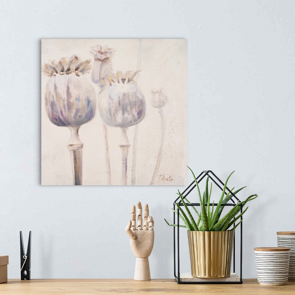 A bohemian room featuring A soft and delicate contemporary painting of poppy buds before the bloom.