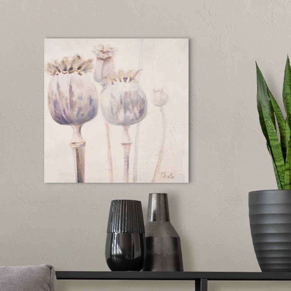 A modern room featuring A soft and delicate contemporary painting of poppy buds before the bloom.
