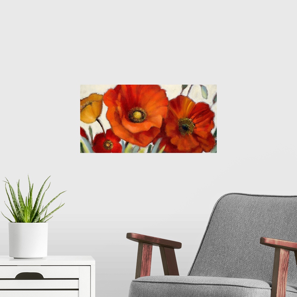 A modern room featuring Huge floral art depicts an arrangement of earth toned flowers against a bare background.