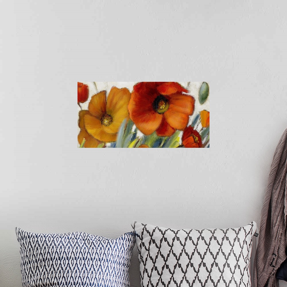A bohemian room featuring Oversized, horizontal floral painting of two large poppies in warm tones, with several smaller po...