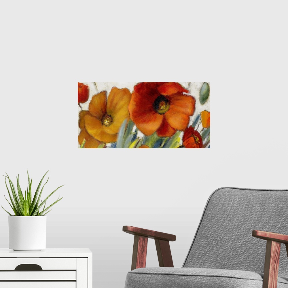A modern room featuring Oversized, horizontal floral painting of two large poppies in warm tones, with several smaller po...
