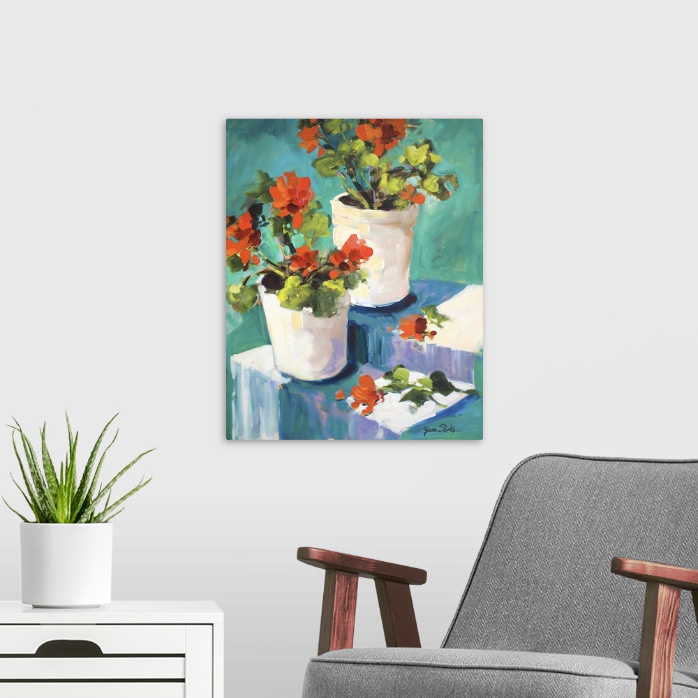 A modern room featuring Still life painting of two white pots with red poppies.