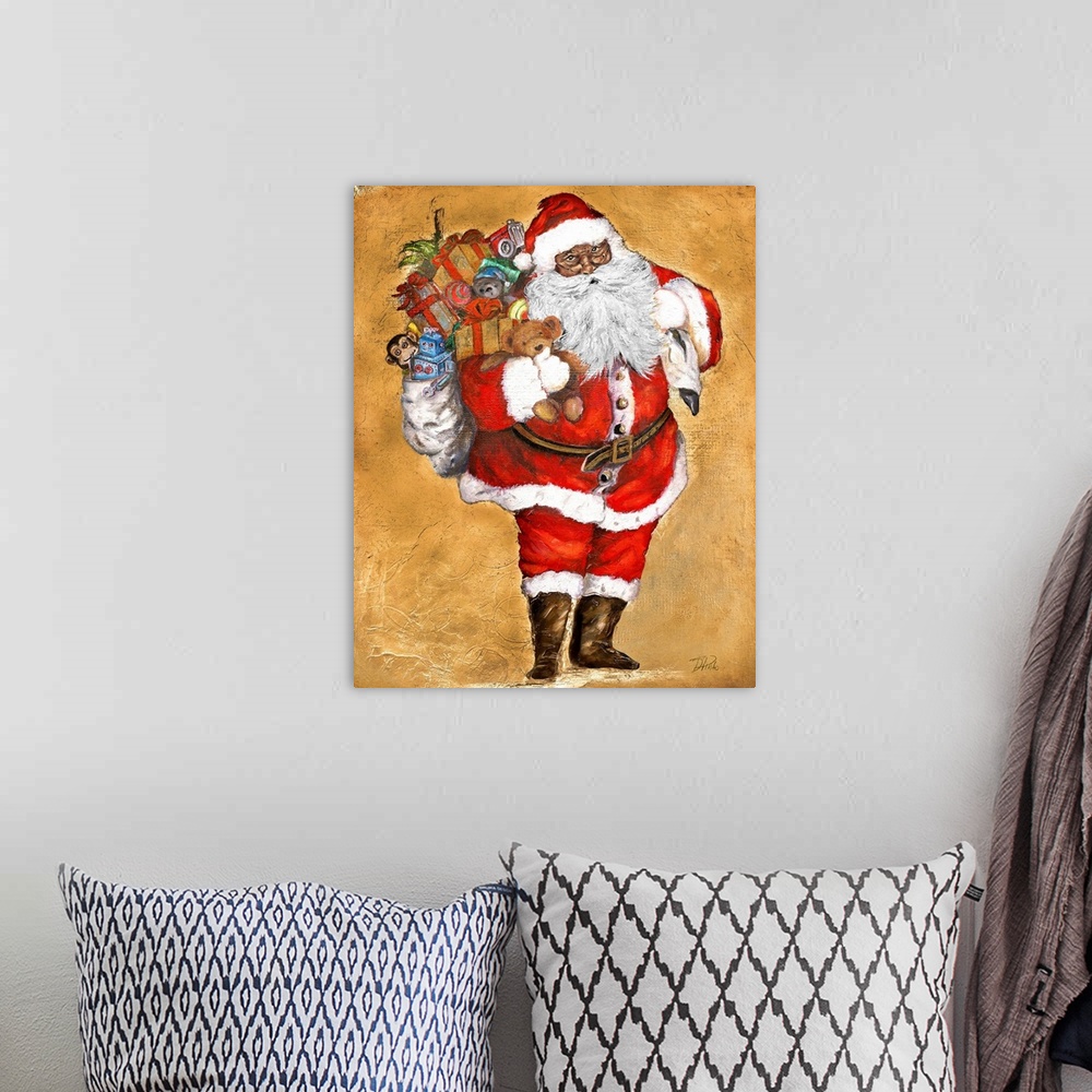 A bohemian room featuring Santa Claus holding a bag of gifts and toys.